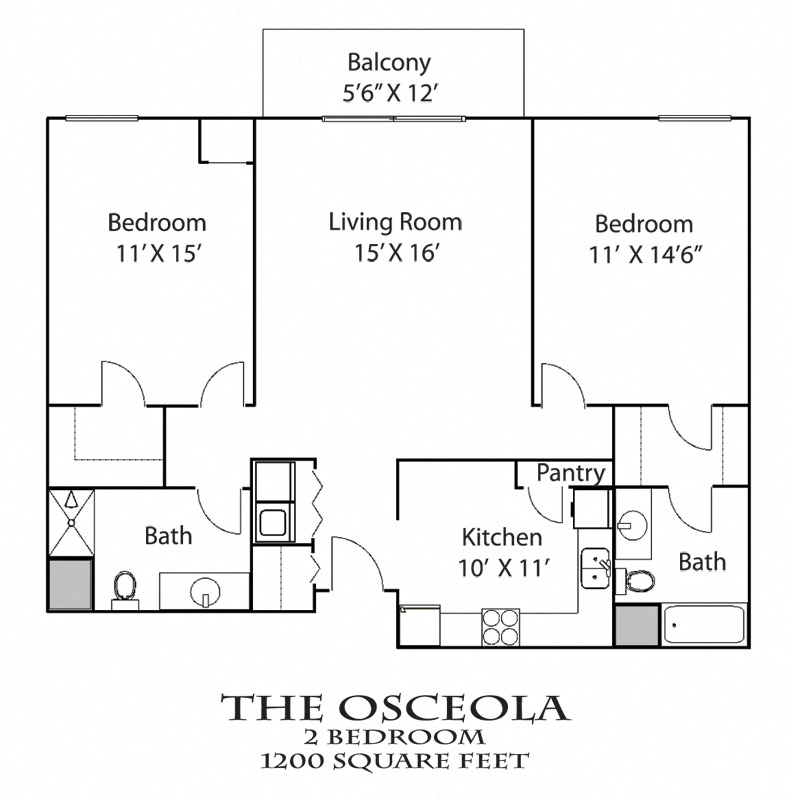Floor plan for 2 beds, 2 baths, 1100 sqft